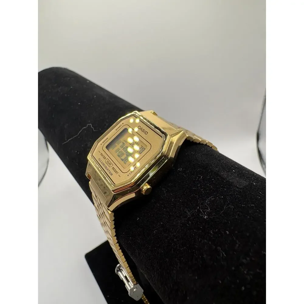 Casio Gold Digital Retro Watch Mirror Face Bracelet Illuminator 24H Gold NWT